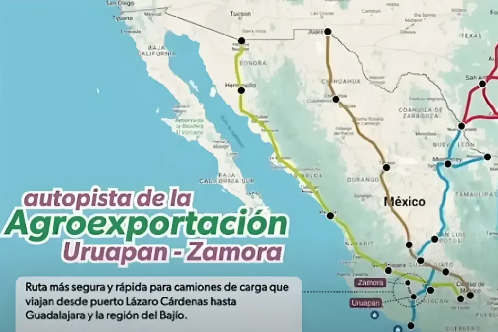 Proyecto de la autopista Uruapan–Zamora anunciado por el gobernador Alfredo Ramírez Bedolla para fortalecer la agroexportación en Michoacán.