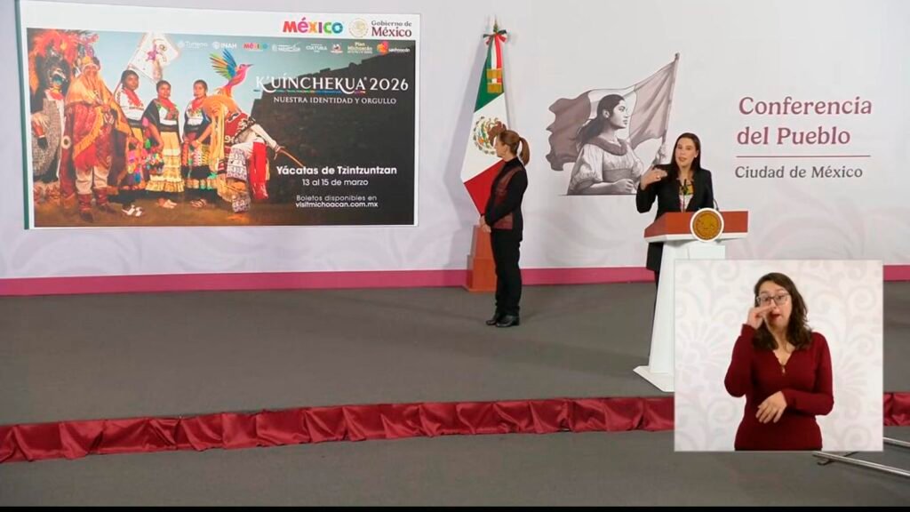 Presentación de la K’uínchekua 2026 en la Mañanera en Ciudad de México.