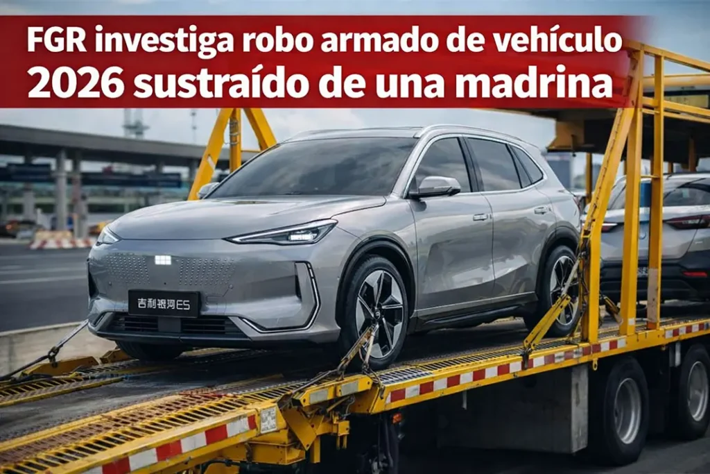 Vehículo modelo 2026 robado de una madrina en la autopista México–Guadalajara, caso investigado por la FGR en Michoacán.