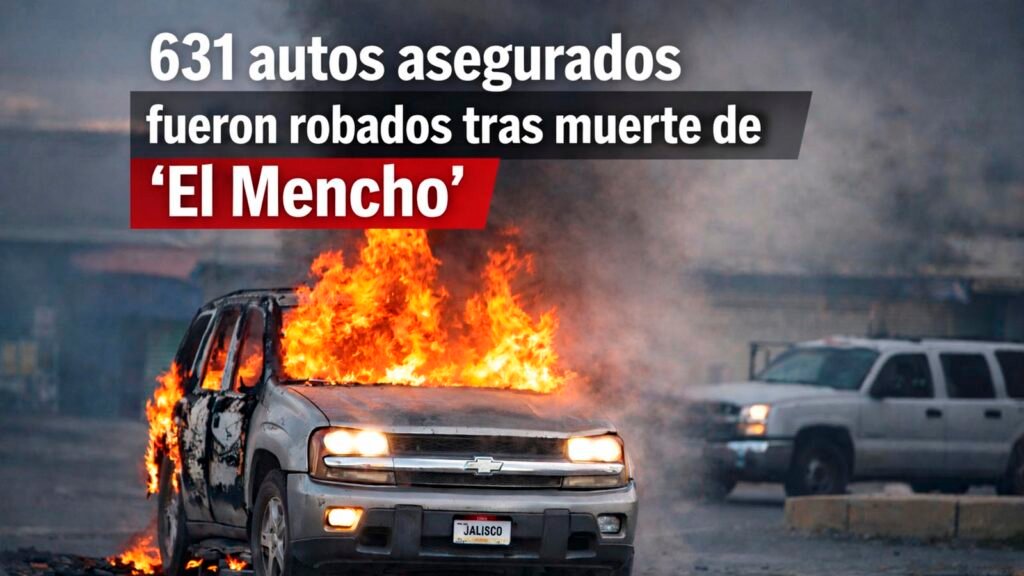 Camioneta incendiada en vía pública durante hechos violentos relacionados con el aumento en robo de vehículos asegurados tras la muerte de El Mencho en México.