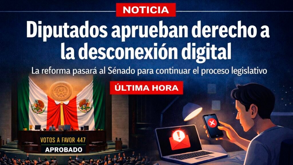 Ilustración estilo portada de noticia sobre la aprobación del derecho a la desconexión digital en México, con el pleno de la Cámara de Diputados votando y un trabajador ignorando notificaciones laborales fuera de su horario.
