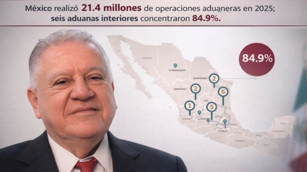 Rafael Marín Mollinedo, titular de la Agencia Nacional de Aduanas de México (ANAM), en primer plano con mapa de México al fondo y cintillo sobre operaciones aduaneras 2025.