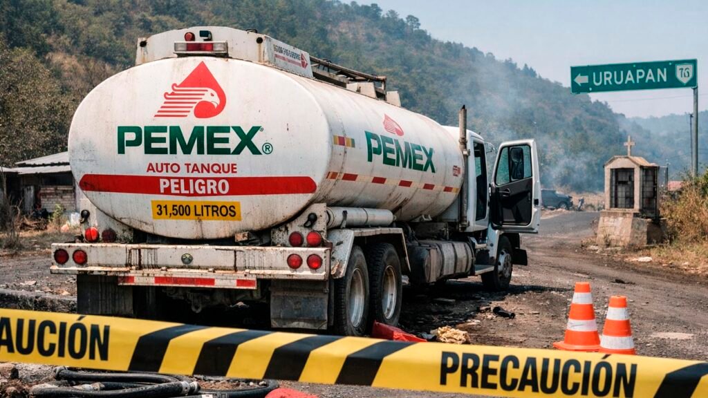 Autotanque de Pemex tras robo de hidrocarburo en Capácuaro Michoacán