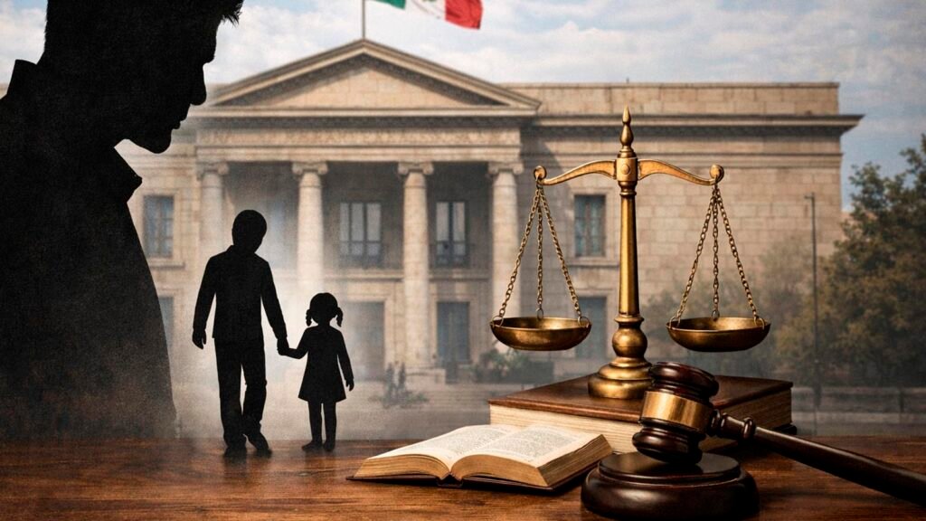 Ilustración sobre incumplimiento de pensión alimenticia: silueta de un padre y una niña frente a un edificio judicial con balanza de la justicia y mazo.