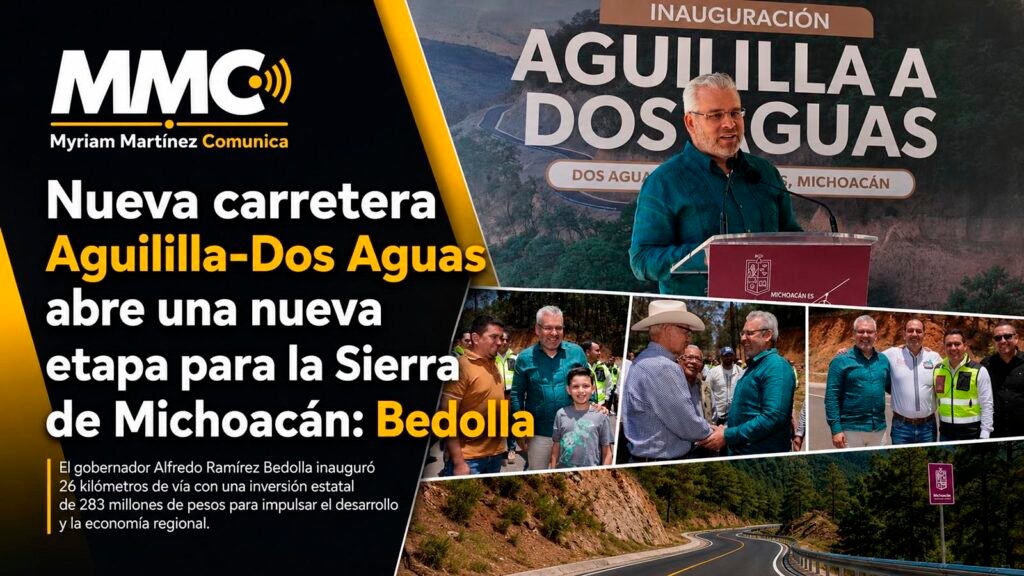 Bedolla en la nueva carretera Aguililla-Dos Aguas en la Sierra de Michoacán.