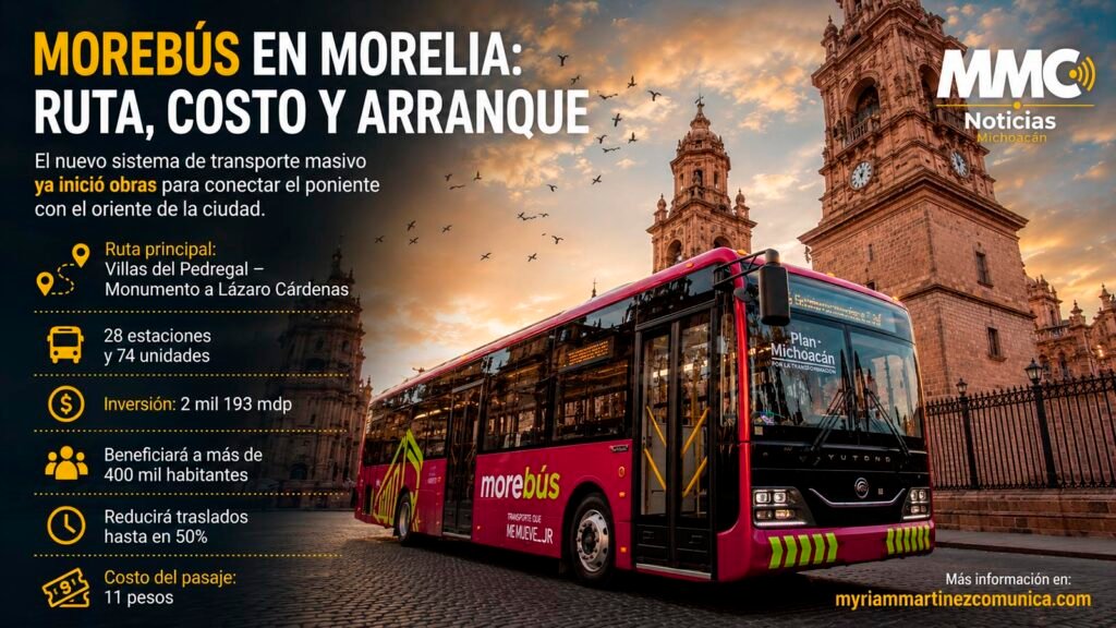 Morebús en Morelia frente a la Catedral, nuevo sistema de transporte masivo en Michoacán