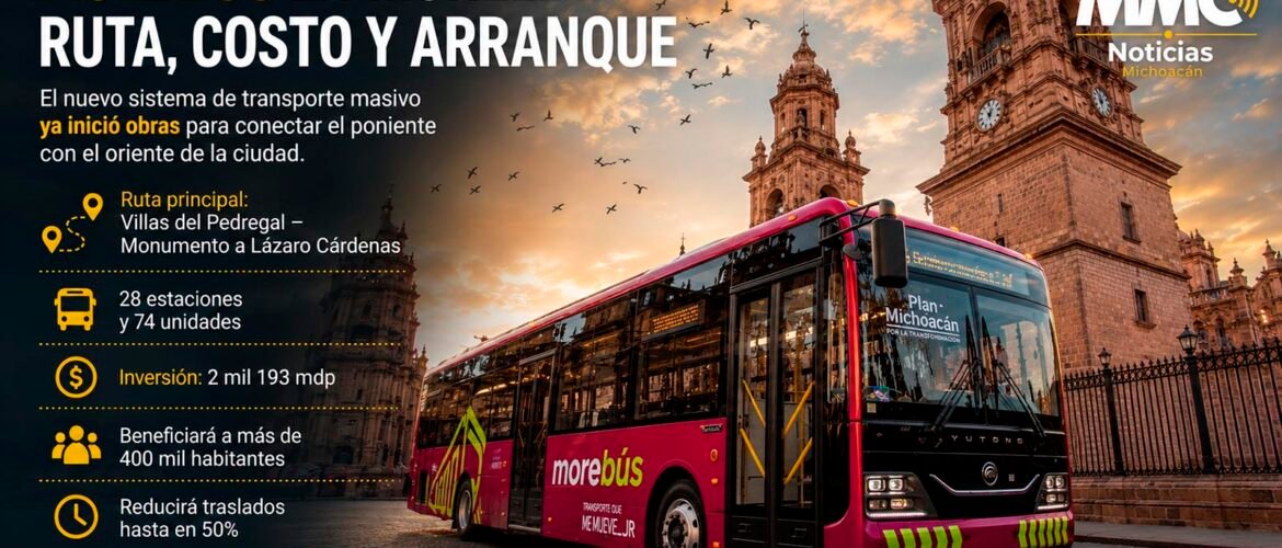 Morebús en Morelia frente a la Catedral, nuevo sistema de transporte masivo en Michoacán