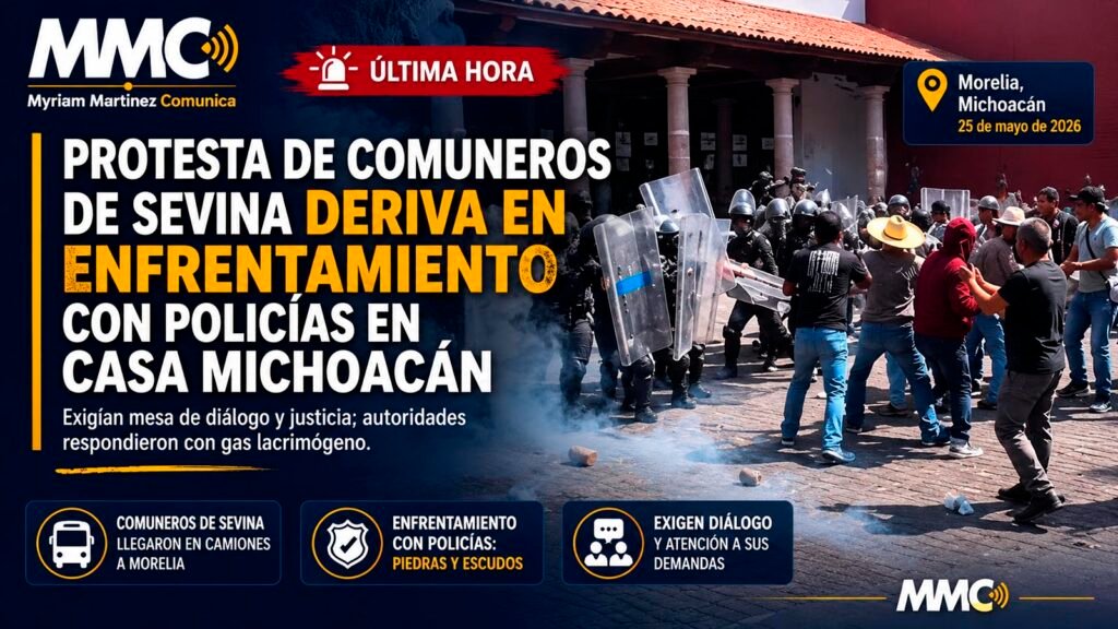 Comuneros de Sevina y policías estatales protagonizaron un enfrentamiento en Casa Michoacán durante una protesta para exigir diálogo con autoridades estatales.