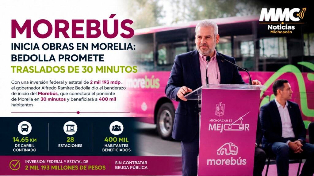 Alfredo Ramírez Bedolla durante el arranque de obras del Morebús en Morelia
