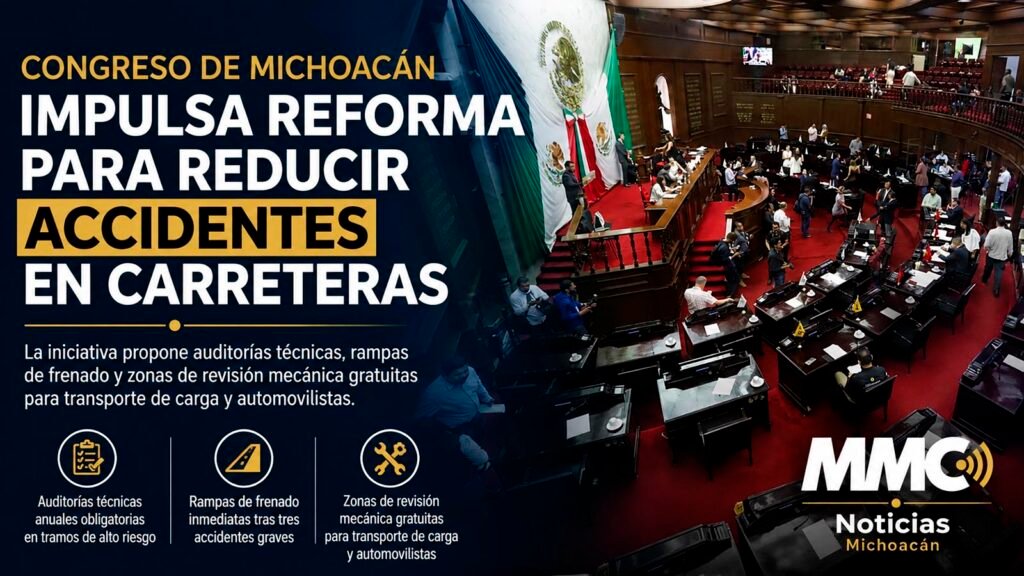 El Congreso de Michoacán aprobó una iniciativa para reducir accidentes en carreteras con auditorías técnicas, rampas de frenado y zonas gratuitas de revisión vehicular.
