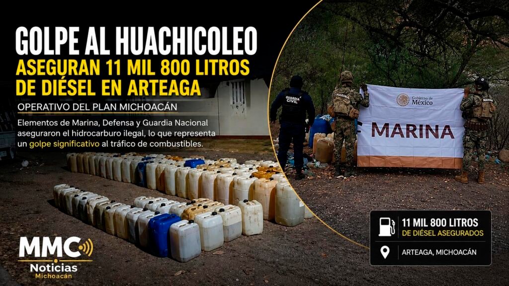 Elementos federales durante operativo de aseguramiento de diésel en Arteaga, Michoacán