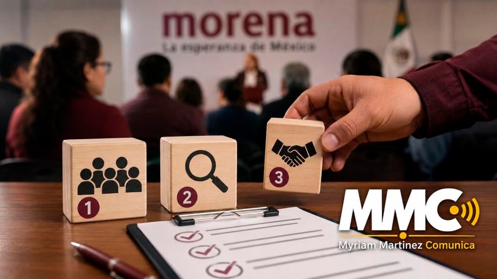 Ilustración del proceso interno de Morena para seleccionar candidaturas rumbo a 2027 mediante filtros de opinión ciudadana, revisión institucional y cercanía con el pueblo