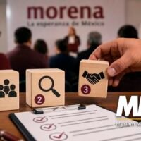 Ilustración del proceso interno de Morena para seleccionar candidaturas rumbo a 2027 mediante filtros de opinión ciudadana, revisión institucional y cercanía con el pueblo
