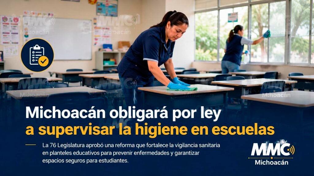 Personal educativo supervisa condiciones de higiene en un plantel escolar de Michoacán