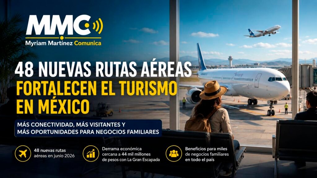 Avión comercial en un aeropuerto mexicano como símbolo del crecimiento de la conectividad aérea.