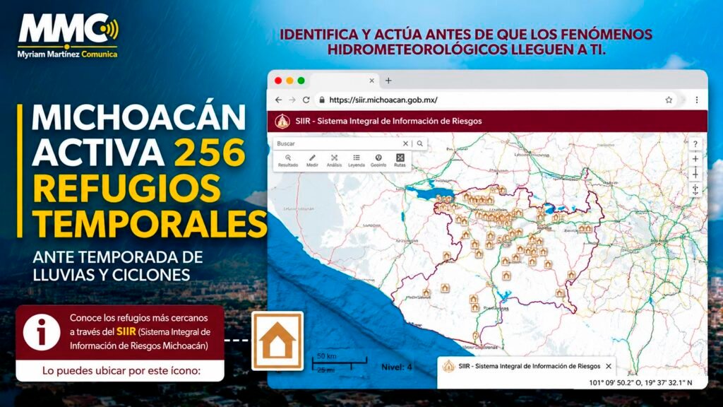 Refugio temporal habilitado para atender a familias afectadas por la temporada de lluvias en Michoacán.