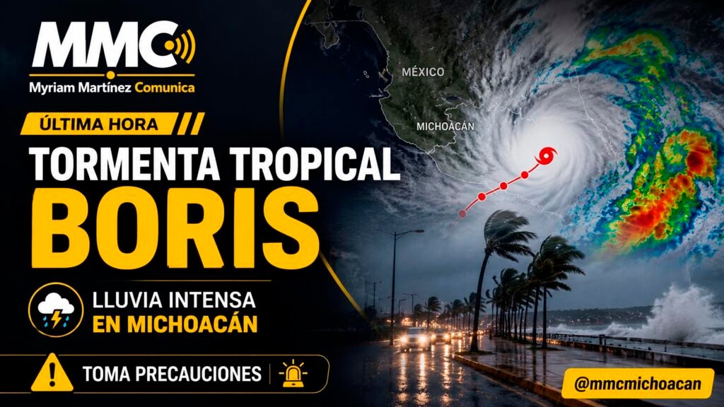 Imagen satelital que muestra la trayectoria de la Tormenta Tropical Boris frente a las costas del Pacífico, cuyos efectos ocasionarán precipitaciones fuertes, descargas eléctricas y oleaje de hasta tres metros en Michoacán.