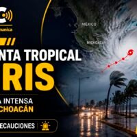 Imagen satelital que muestra la trayectoria de la Tormenta Tropical Boris frente a las costas del Pacífico, cuyos efectos ocasionarán precipitaciones fuertes, descargas eléctricas y oleaje de hasta tres metros en Michoacán.