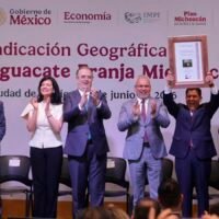 Productores y autoridades durante la entrega de la Indicación Geográfica Aguacate Franja Michoacán.