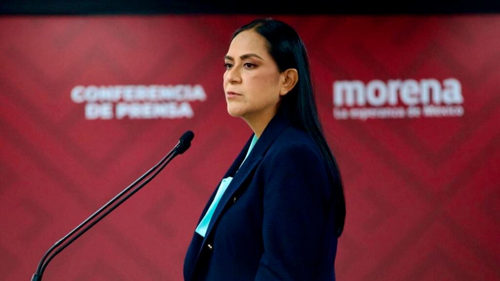 Ariadna Montiel Reyes durante conferencia de prensa de Morena.