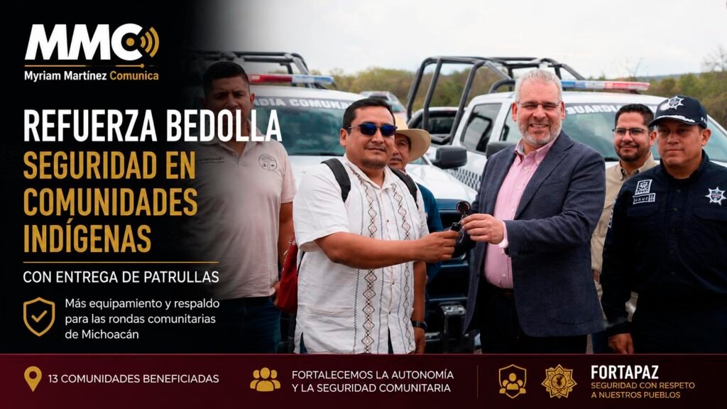 El gobernador Alfredo Ramírez Bedolla durante la entrega de patrullas para fortalecer la seguridad en comunidades indígenas de Michoacán.