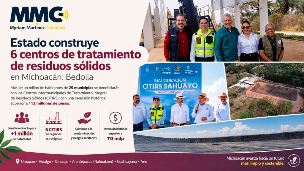Gobernador Alfredo Ramírez Bedolla anuncia la construcción de seis Centros Intermunicipales de Tratamiento Integral de Residuos Sólidos en Michoacán.