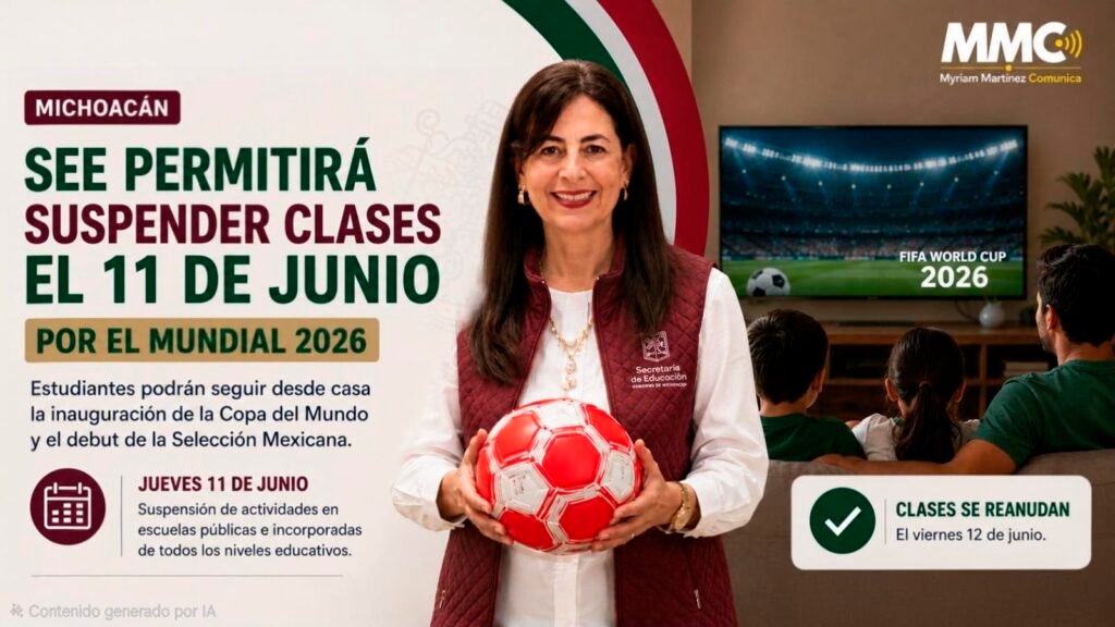 Gabriela Molina Aguilar anuncia suspensión de clases en Michoacán por el Mundial 2026.