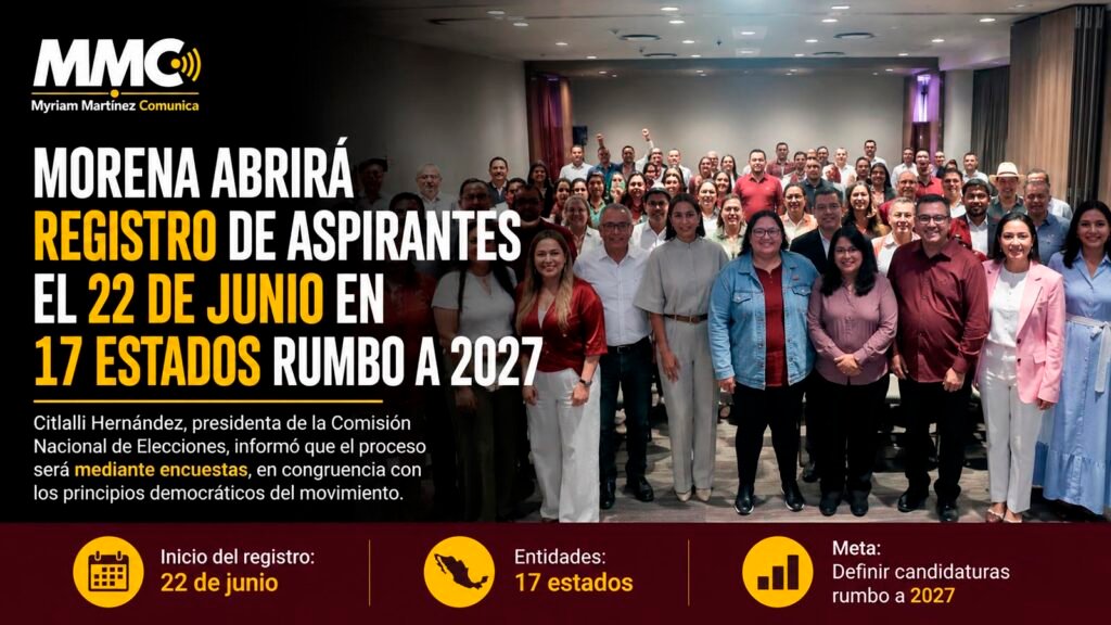 Citlalli Hernández y dirigentes de Morena durante el anuncio del registro de aspirantes para las elecciones de 2027.