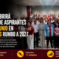 Citlalli Hernández y dirigentes de Morena durante el anuncio del registro de aspirantes para las elecciones de 2027.