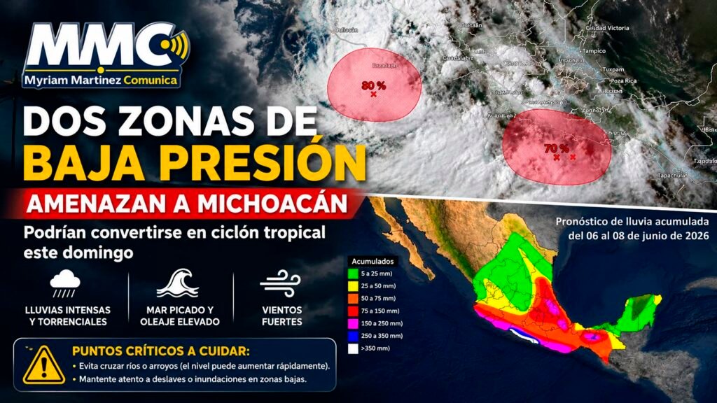 Dos zonas de baja presión en el Pacífico bajo vigilancia de Protección Civil de Michoacán por posible evolución a ciclón tropical.