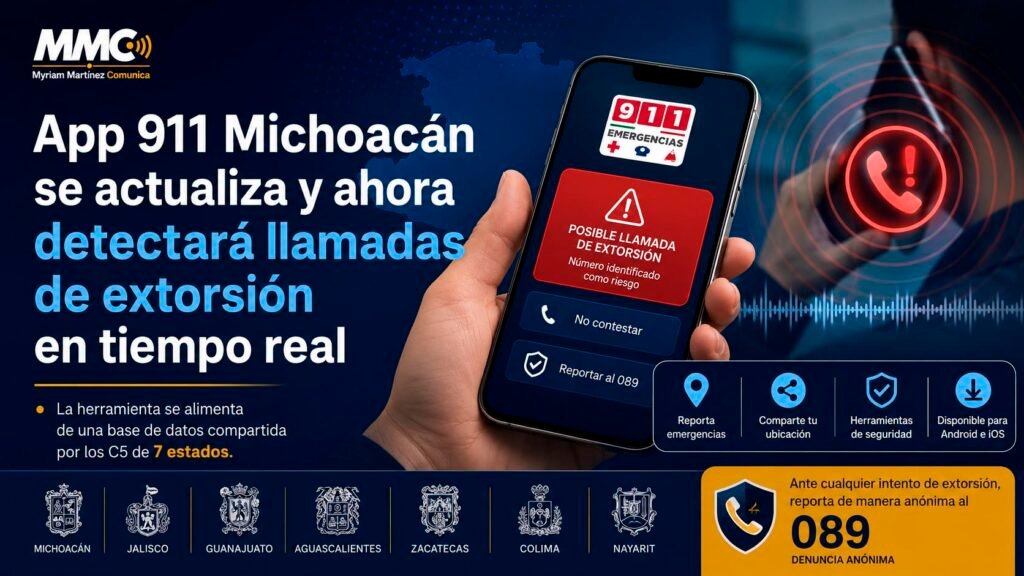 Pantalla de un teléfono móvil con la App 911 Michoacán y una alerta preventiva de seguridad.