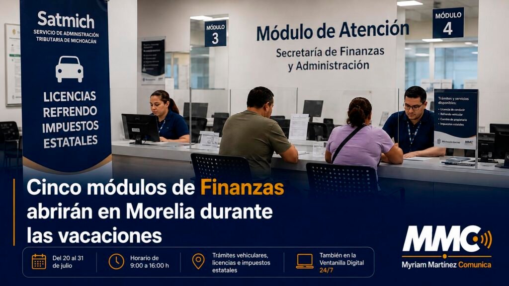 Personal atiende a contribuyentes en un módulo del Satmich en Morelia.