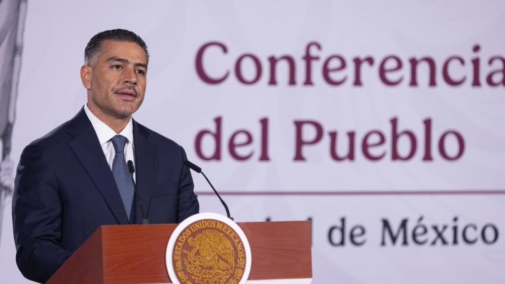 Omar García Harfuch durante la conferencia donde habló sobre el audio de Marina del Pilar.