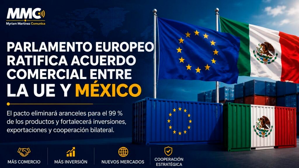 Banderas de México y la Unión Europea representando el fortalecimiento de la relación comercial.