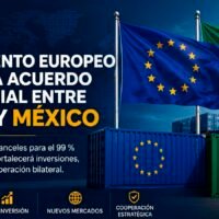 Banderas de México y la Unión Europea representando el fortalecimiento de la relación comercial.