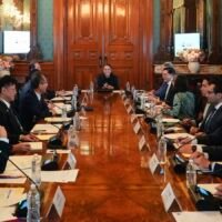 La presidenta Claudia Sheinbaum durante una reunión con empresarios japoneses en Palacio Nacional.