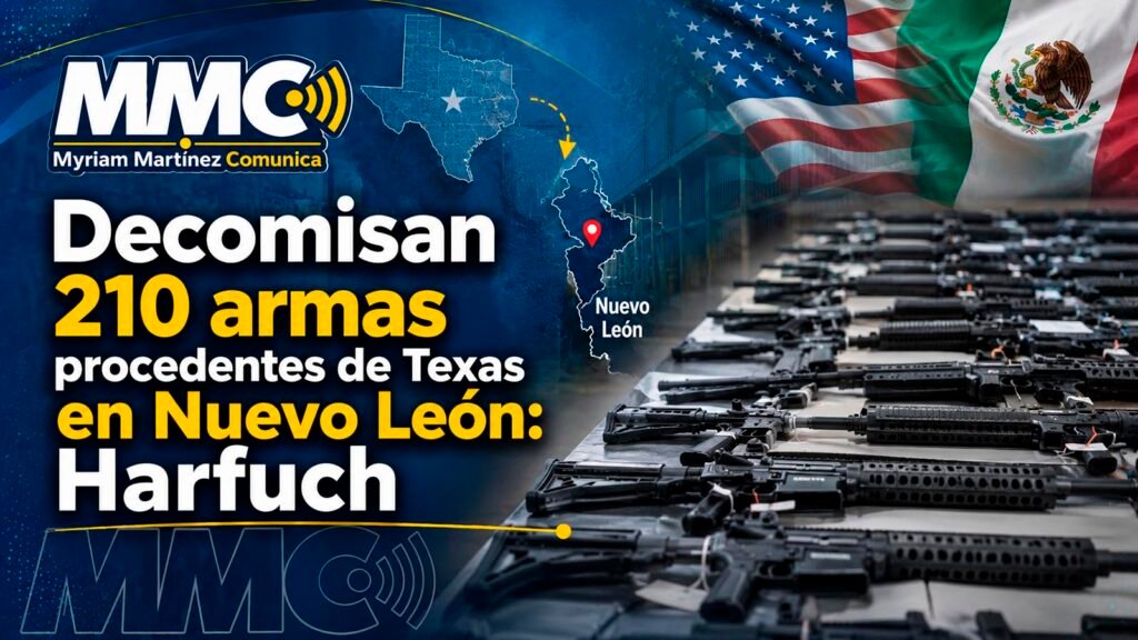 Autoridades federales decomisaron en Nuevo León 210 armas procedentes de Texas, ocultas en dos semirremolques. Harfuch vinculó el caso con la responsabilidad bilateral.