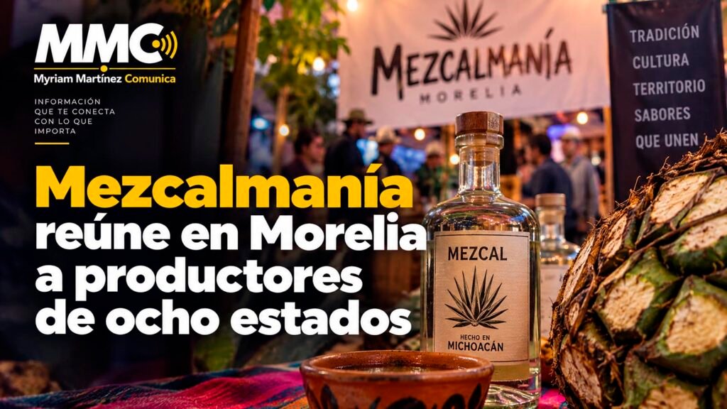 Productores y botellas de mezcal michoacano durante una exposición.