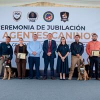 Manchas, Mamba, Jerry, Balaz y Chewbacca durante la ceremonia de jubilación de agentes caninos de la FGE de Michoacán.